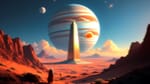 Panorama unei planete necunoscute și monolitul ei misterios – o creație AI fascinantă